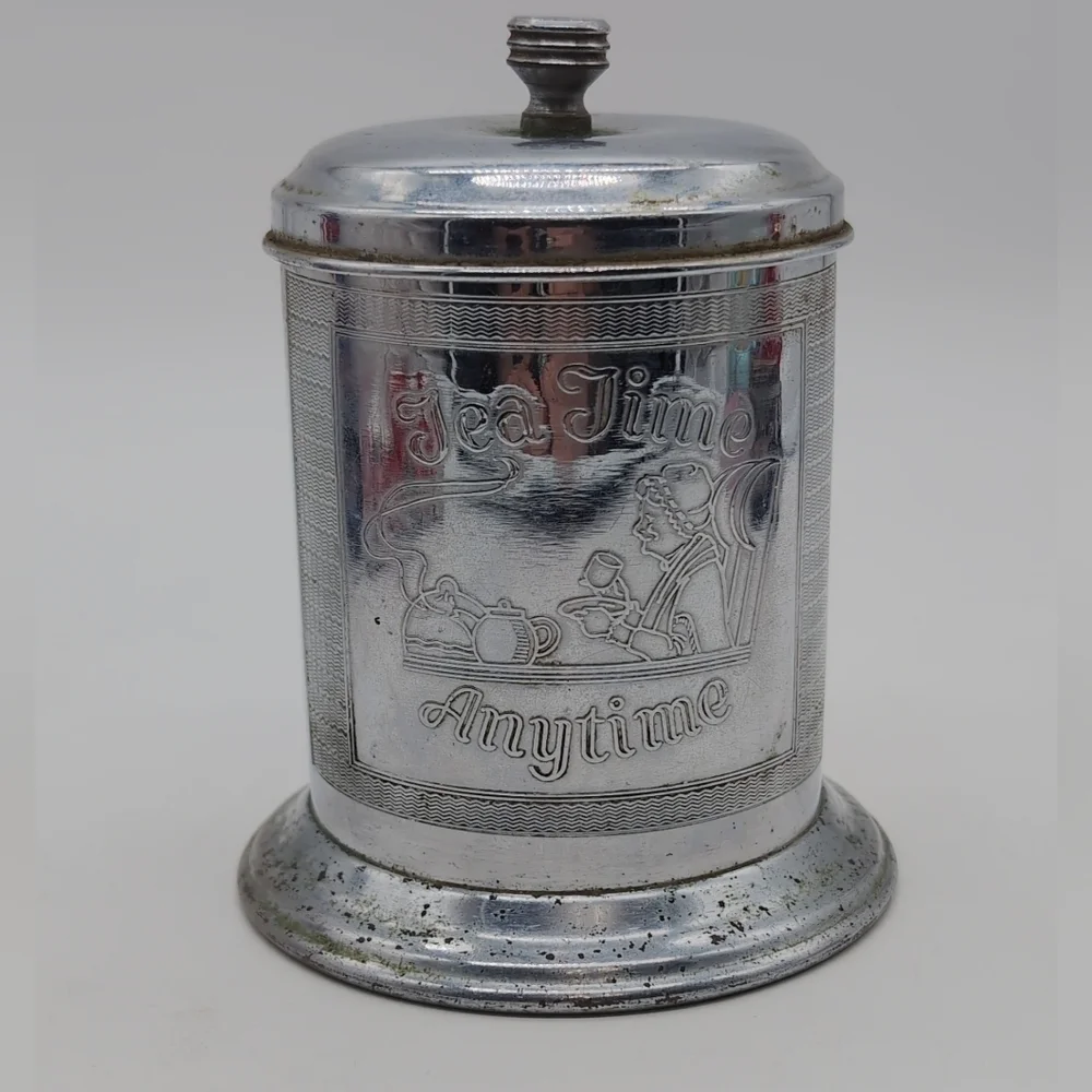 Vintage Silver Tea Time Tea Caddy Canister